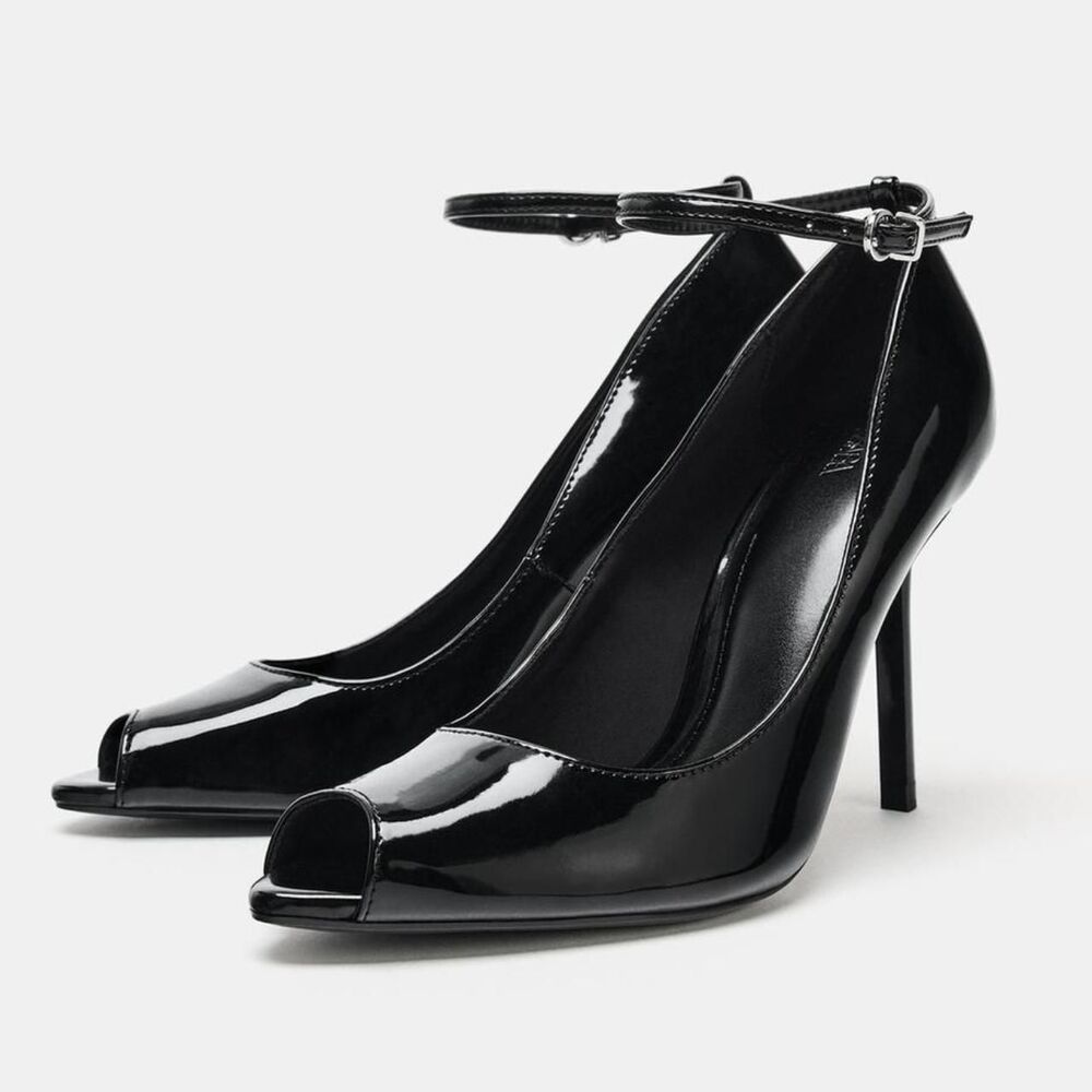 NEW Minimalist Glam ZARA Black Patent Sling Back Open Peep Toe High Heels 7.5